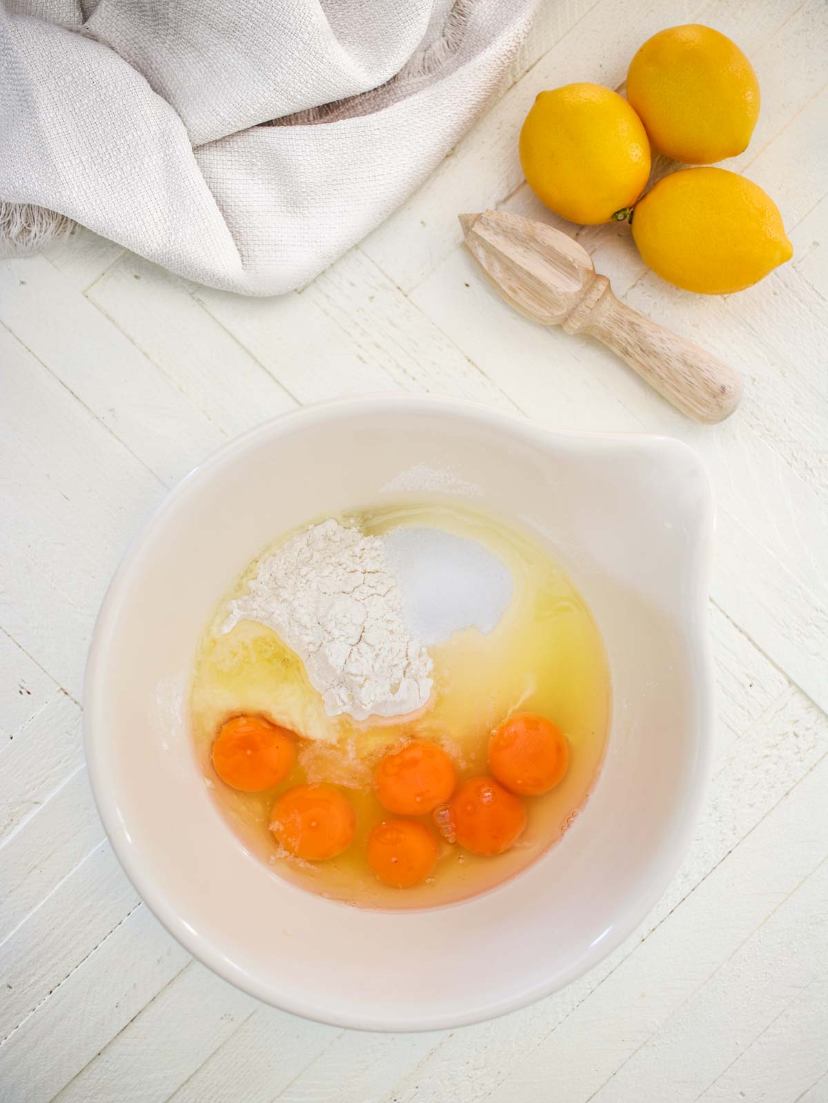 eggs, flour and sugar in a bowl