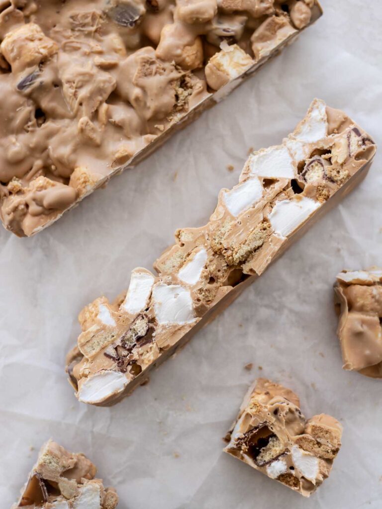 Slicing caramilk rocky road